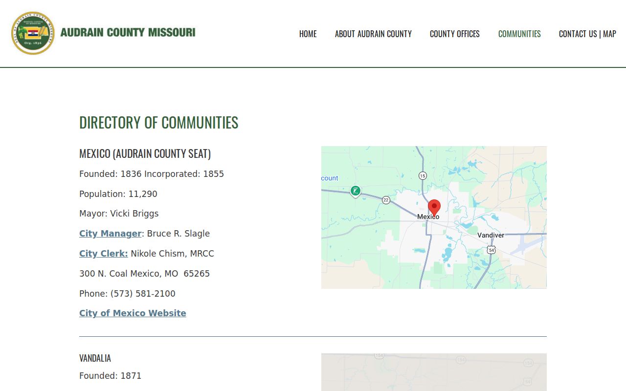 Martinsburg court docket and town-contact reference from the official Audrain communities source